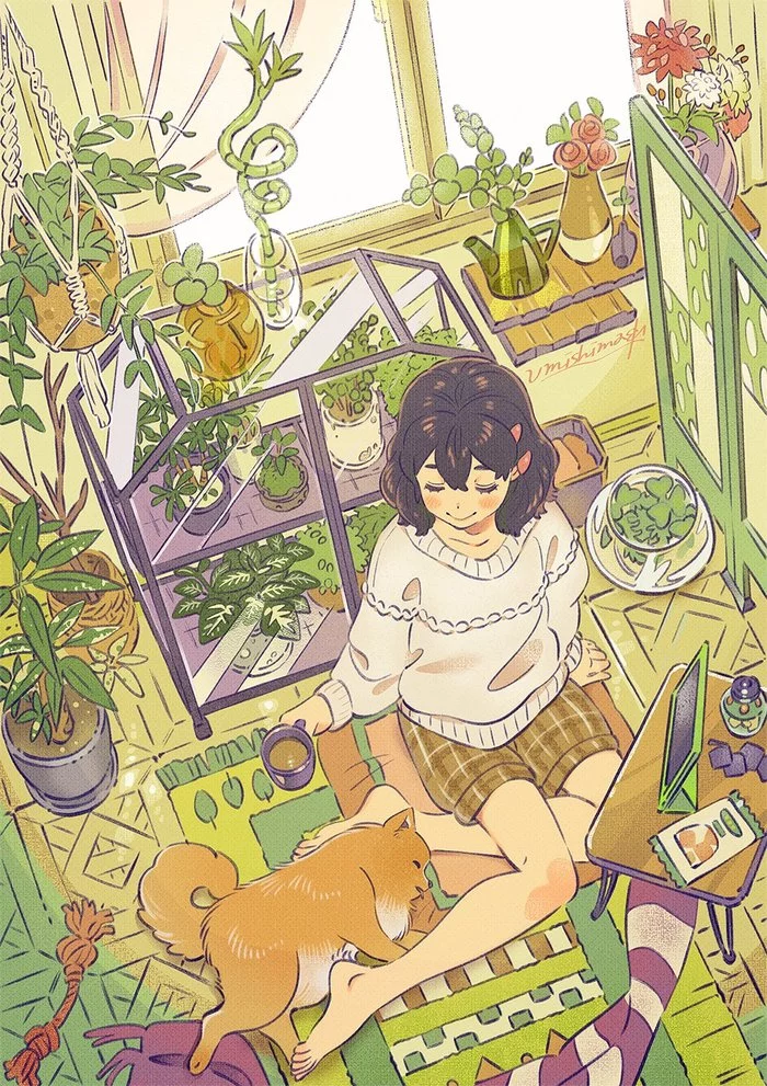 Small Greenhouse - Art, Drawing, Greenhouse, Greenhouse, Girls, Dog, Plants, Houseplants