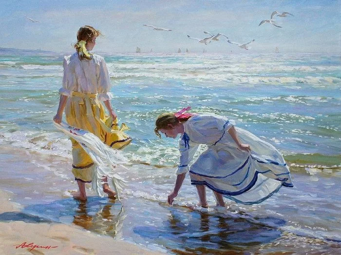 Sisters - Painting, Artist, Art, Painting, Sea, Summer, Beach, Girls, , Sister, Sisters