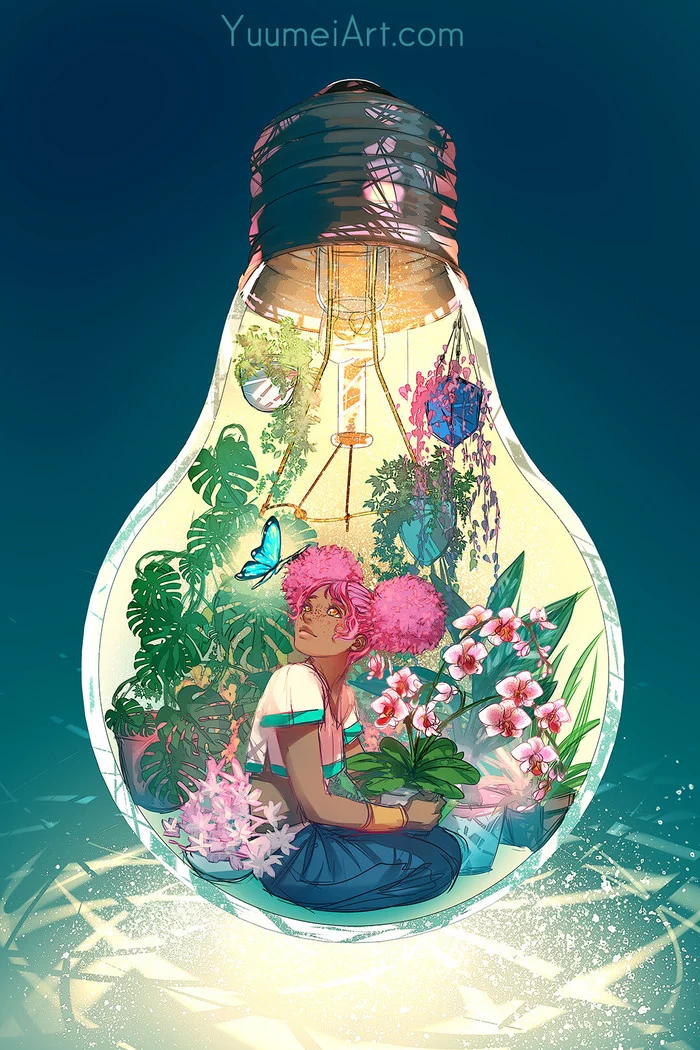 Terrarium Life: Plants and More Plants - Art, Drawing, Terrarium, Bulb, Girls, Plants, Houseplants, Butterfly, Yuumei