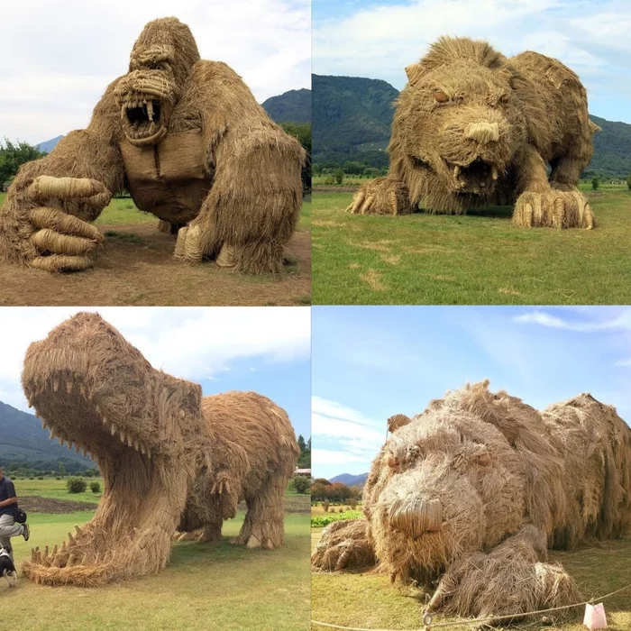 Someone has too much free time... - Japan, Sculpture, Straw, a lion, Dinosaurs, Gorilla