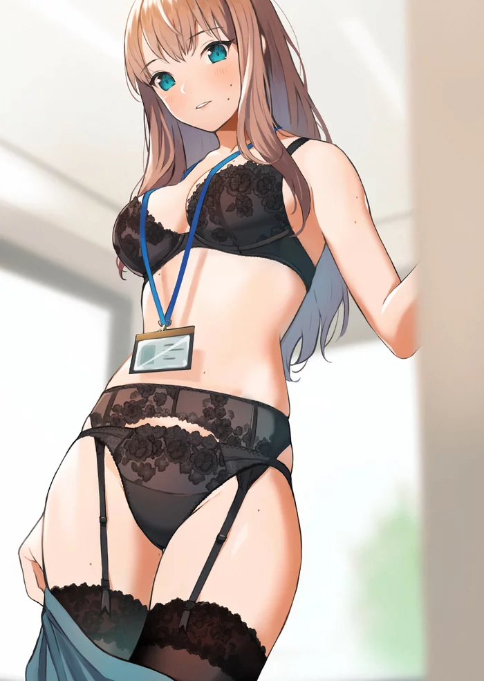 Did you call me, Mr. Director? - NSFW, Art, Anime art, Anime original, Girls, Erotic, Hand-drawn erotica, Underwear, Boobs, Stockings, Pantsu, Original character, Badge, Doshimash0