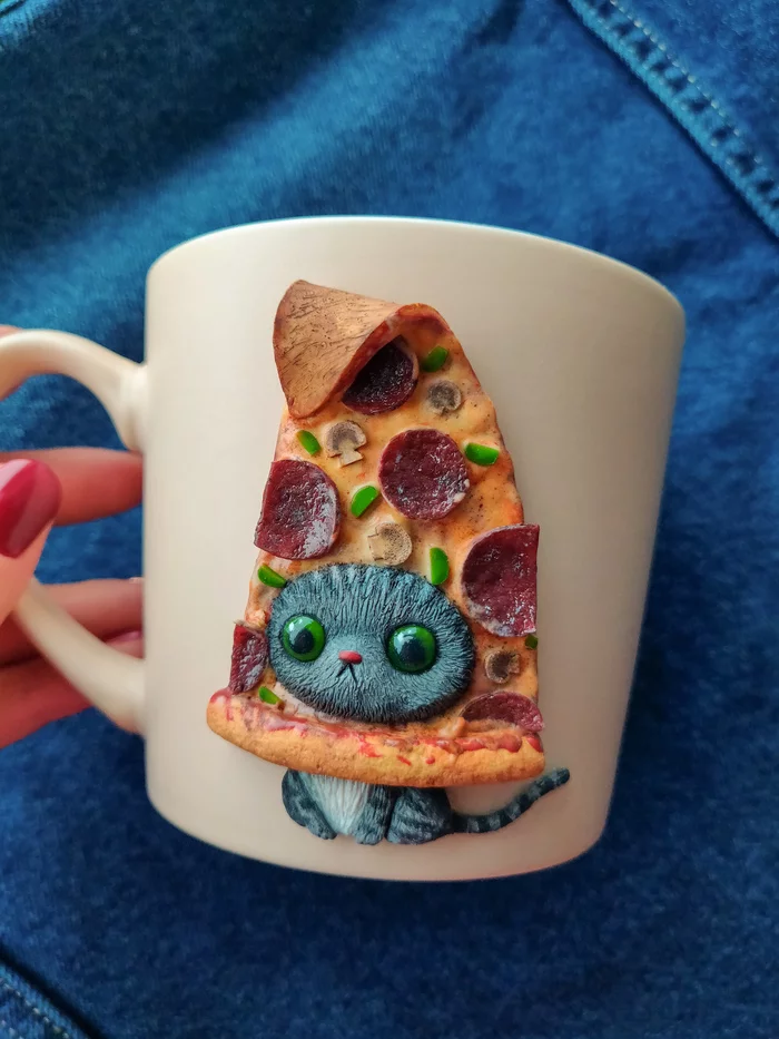 Do you know what madness is? - My, Polymer clay, cat, Handmade, Mug with decor, Needlework without process, Pizza, Longpost