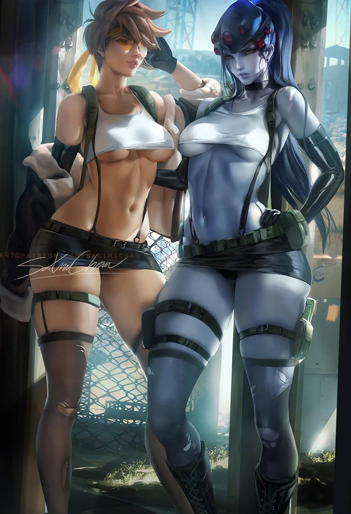 Widow and Tracer - NSFW, Sakimichan, Art, Overwatch, Tracer, Widowmaker, Games, Beautiful girl, Girls, Erotic, Hand-drawn erotica, Boobs, Breast, Anime art, Game art