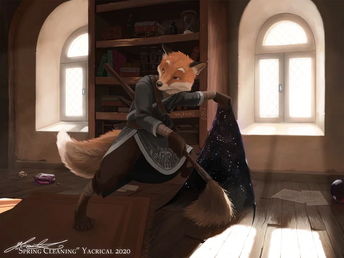 Tricky cleaner - Furry, Furry fox, Broom, Magic, Yacrical, Art