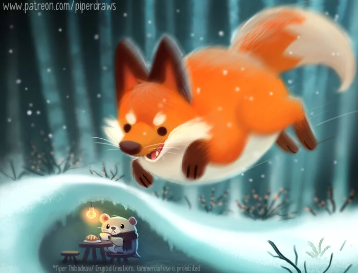 Unexpected guest - Art, Drawing, Fox, Mouse, Mouse-bending, Cryptid-Creations