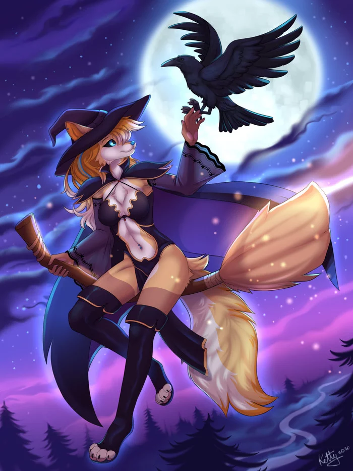 Under the moon - Furry, Art, Ketty, Furry edge, Witches, Halloween, moon, Night, Birds, Furry wolf, Furry canine