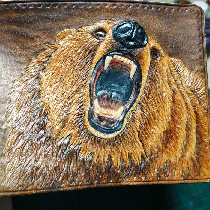 Embossed bifold cover - My, Leather, Embossing on leather, Cover, , Leather craft, Needlework with process, Longpost, Video, The Bears