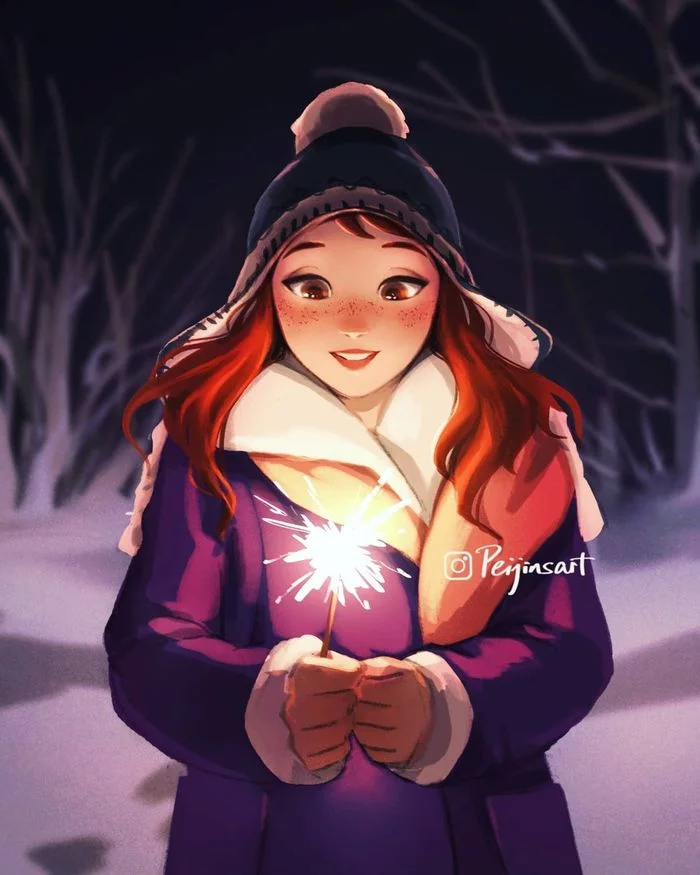 make a wish - Drawing, Girls, Winter, Bengal lights, Wish, Art, Peijin Yang