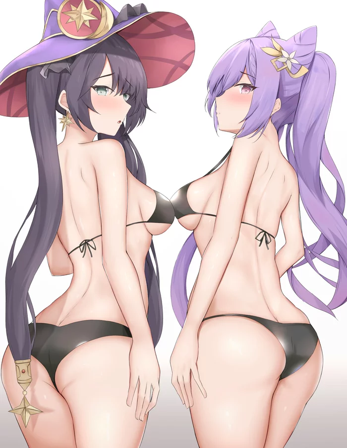 Keqing & Mona - NSFW, Anime, Anime art, Genshin impact, Keqing (Genshin Impact), Mona (genshin impact), Swimsuit, Breast, Booty