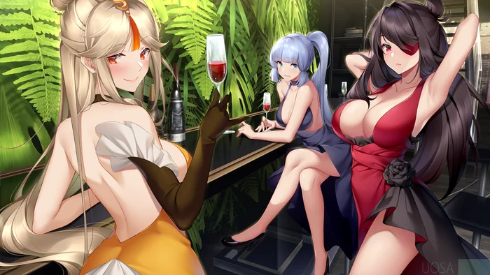 Sitting at the bar - Anime, Anime art, Genshin impact, Beidou, Ningguang, Games, Kamisato Ayaka (Genshin Impact)