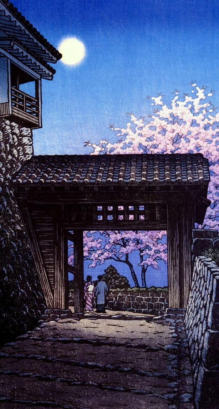 Hasui Kawase, Full moon and cherry blossoms at Matsuyama Castle - Ukiyo-e, Japan, Engraving