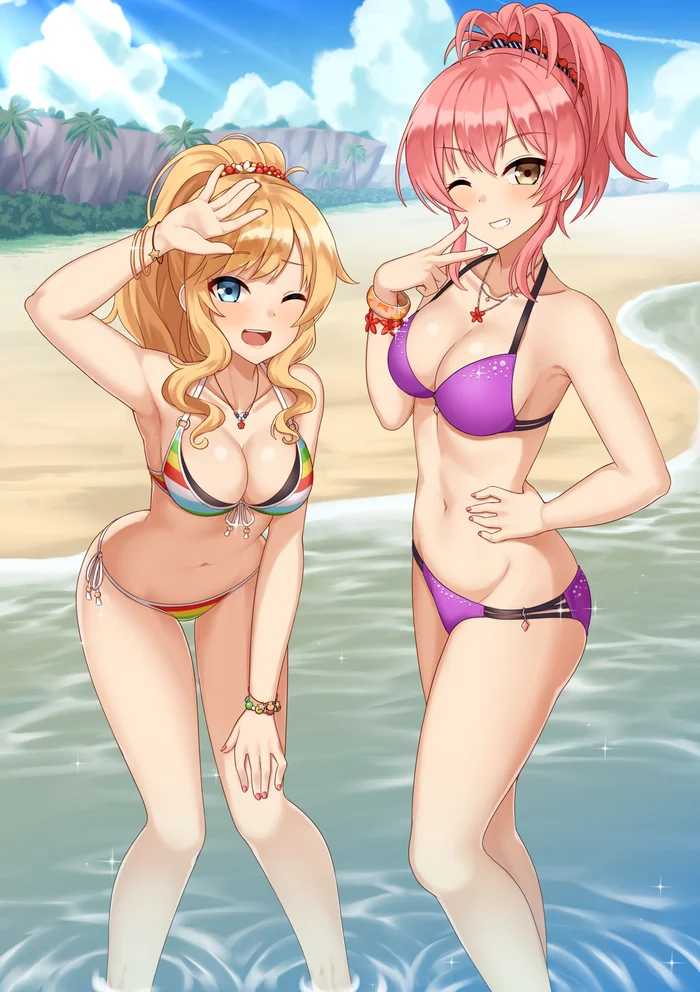 Mika & Yui - NSFW, Anime, Anime art, The idolmaster, Idolmaster Cinderella Girls, Jougasaki mika, Ootsuki Yui, Swimsuit, Breast