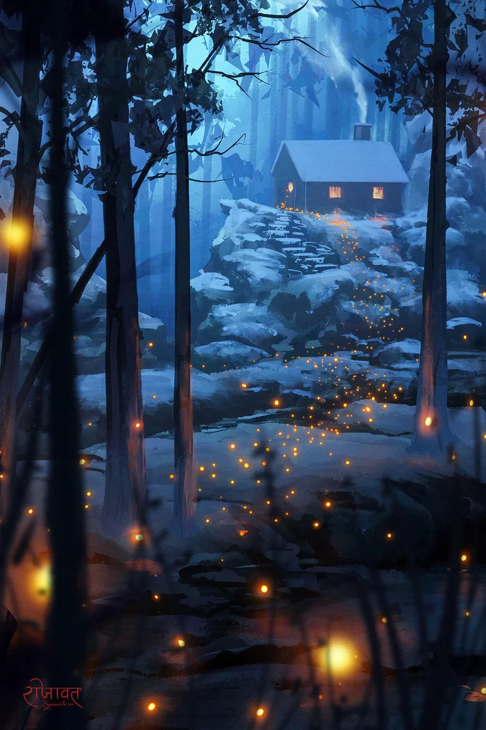 Winter - Art, Drawing, Landscape, Winter, Forest, Lights, Surendra Rajawat