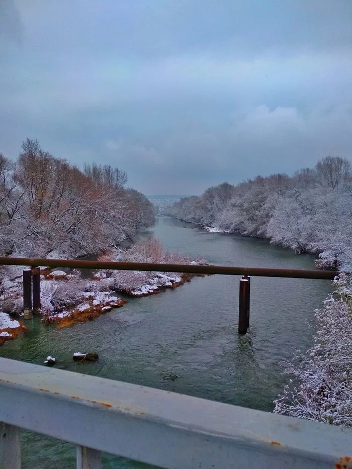 cold - The photo, Mobile photography, Bridge, River, Sky, Clouds, Tree, Cold, , Old, Rust, Winter, Transcarpathia