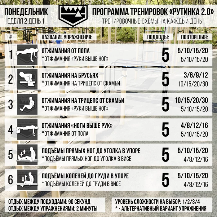 Тренировочные схемы второй недели программы Рутинка 2.0 - Моё, Тренировка, Подтягивания, Отжимания, Приседания, Программа тренировок, Калистеника, Длиннопост