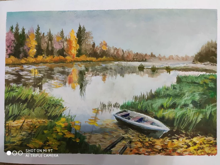 Autumn - My, Gouache, Landscape, Drawing, Nature, Lake, A boat, Autumn
