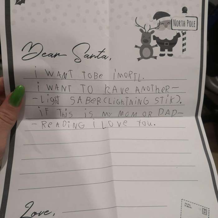 Looks like the kid is starting to figure it out... - Children, Milota, Santa Claus, Letter, Lightsaber, Wish, Christmas, Mum, , Dad, Father