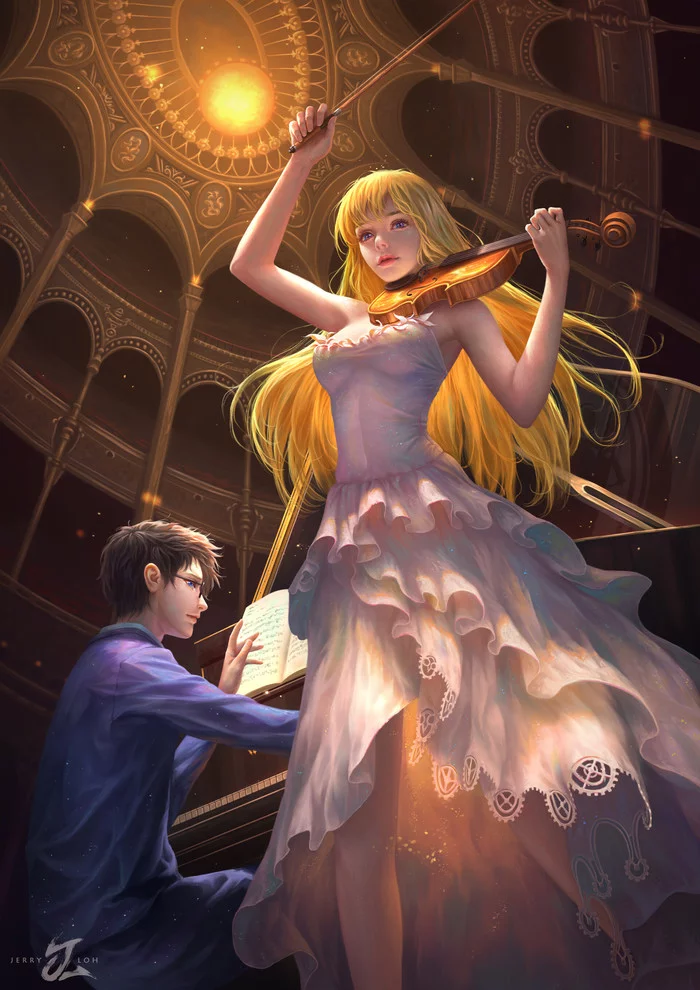 Твоя апрельская ложь - Рисунок, Аниме, Anime Art, Shigatsu wa Kimi no Uso, Miyazono kaori, Arima Kousei, Арт, Jerry Loh