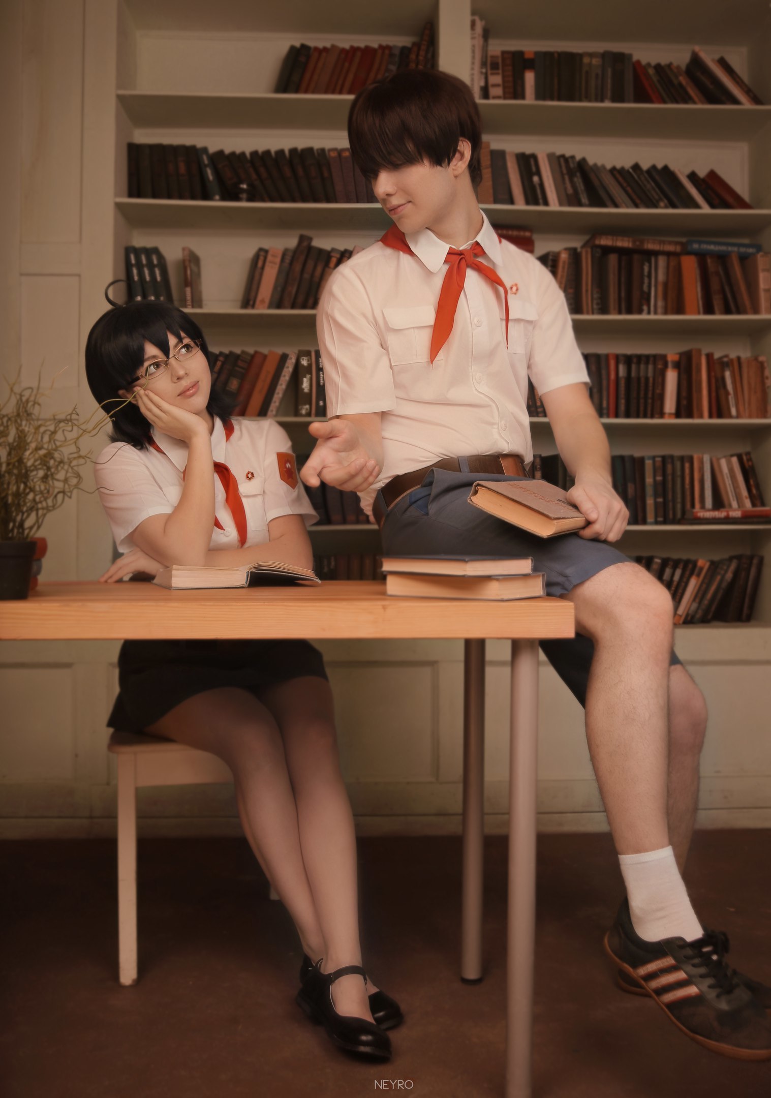 Why look after the library when you can sleep in it? - My, Visual novel, Endless summer, Cosplay, Russian cosplay, Zhenya, Semyon, , Workers' Children, Longpost