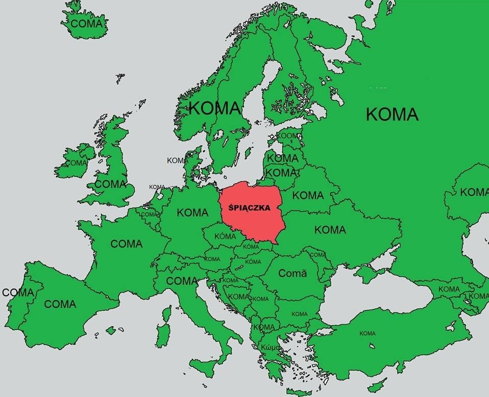 Как пишется слово КОМА (глубокий сон) в разных странах - Кома, Европа, Польша, Иностранные языки