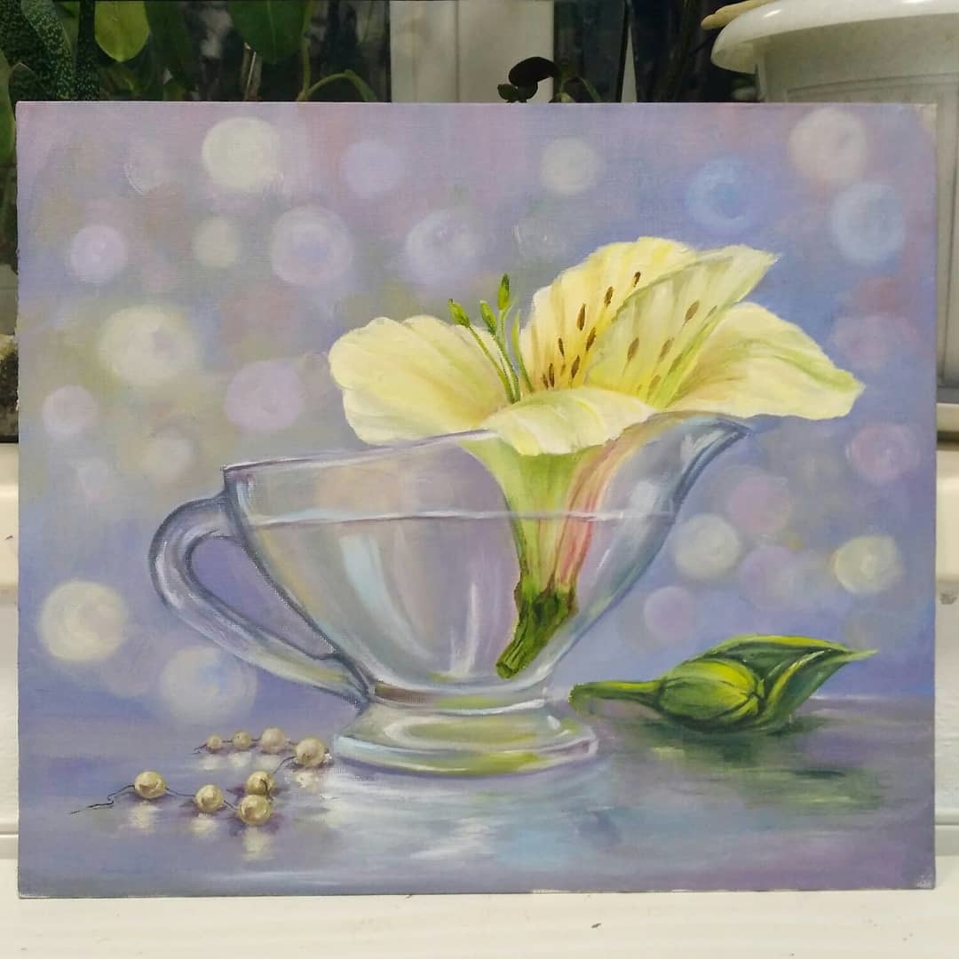 Spring in a single cup - My, Flowers, Painting, Butter, Still life, A cup, Jewelry, Pearl