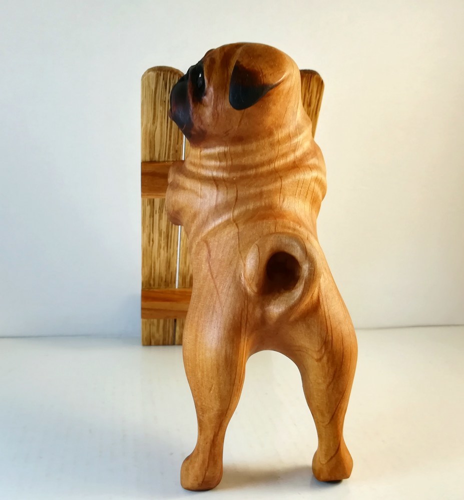 Pug. - My, Pug, Dog, Thread, Tree, With your own hands, Phone stand, Wood carving, Longpost