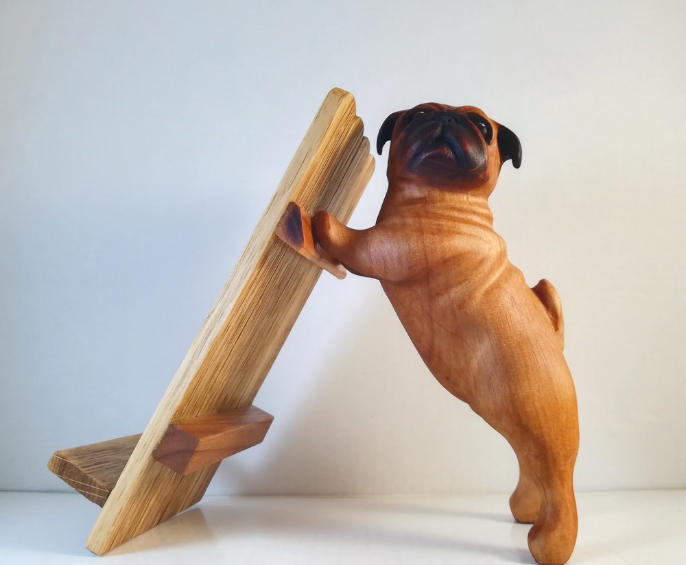 Pug. - My, Pug, Dog, Thread, Tree, With your own hands, Phone stand, Wood carving, Longpost