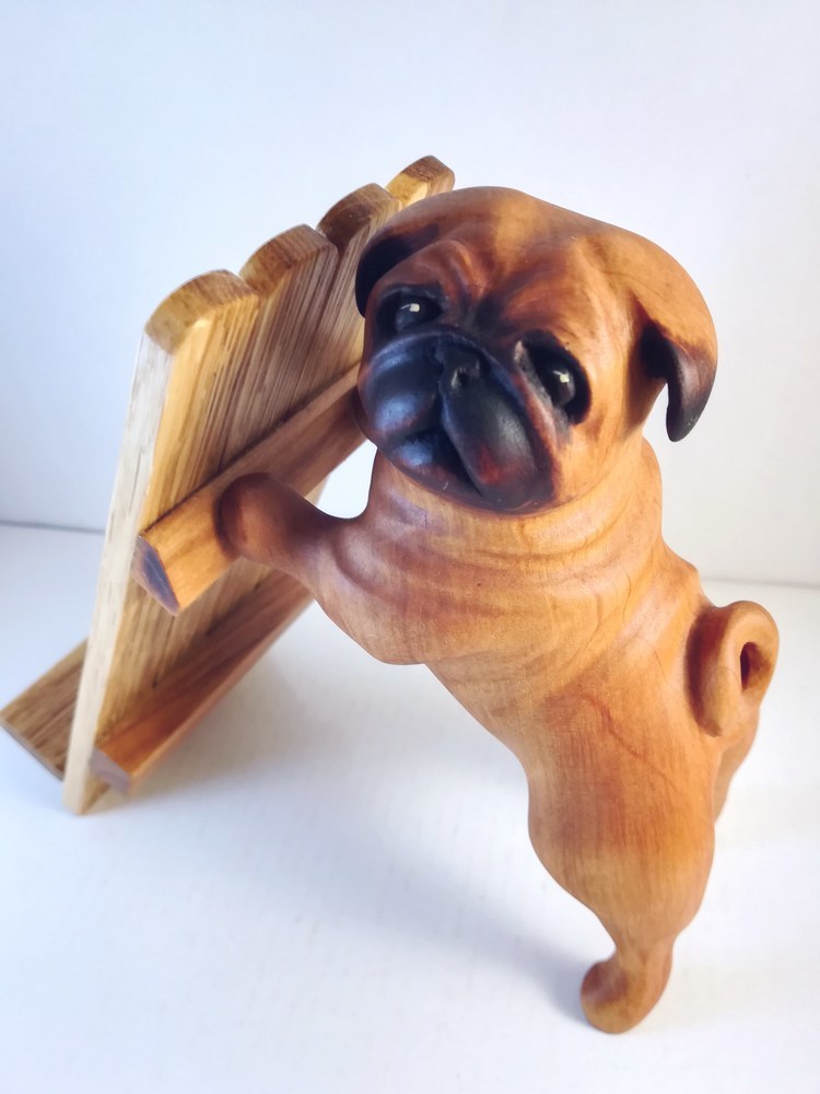 Pug. - My, Pug, Dog, Thread, Tree, With your own hands, Phone stand, Wood carving, Longpost