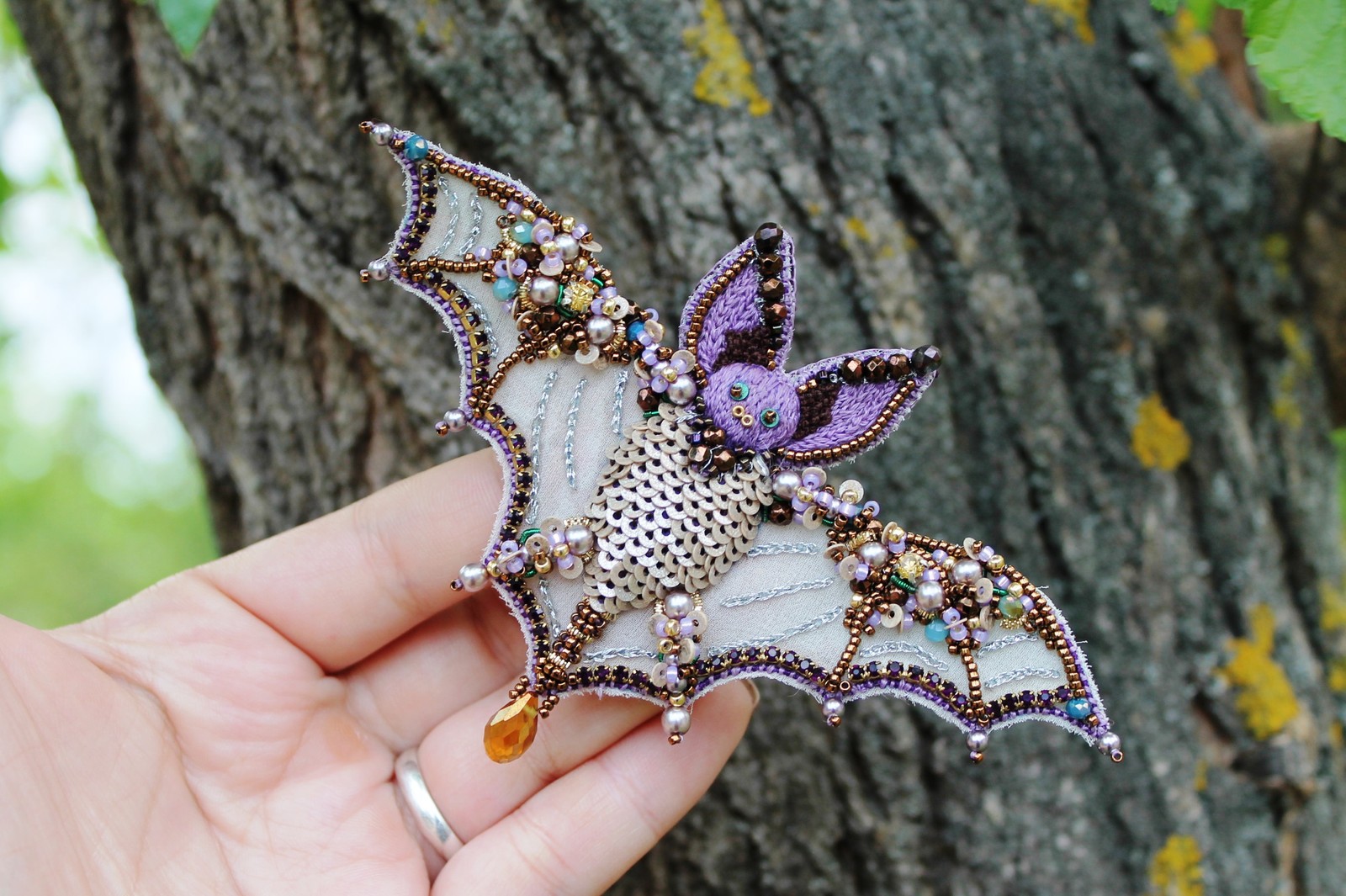 Bat - My, Needlework without process, Embroidery, Beads, Wings, Bat, Hikupta, Brooch