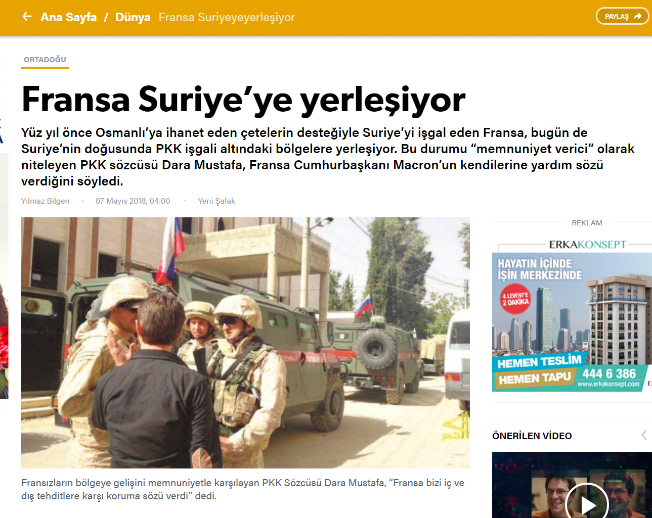 The Turkish newspaper Yeni afak writes that France has begun the transfer of forces to Syria. - Syria, Turkey, France, Politics, The photo, Russia, Screenshot, Professional