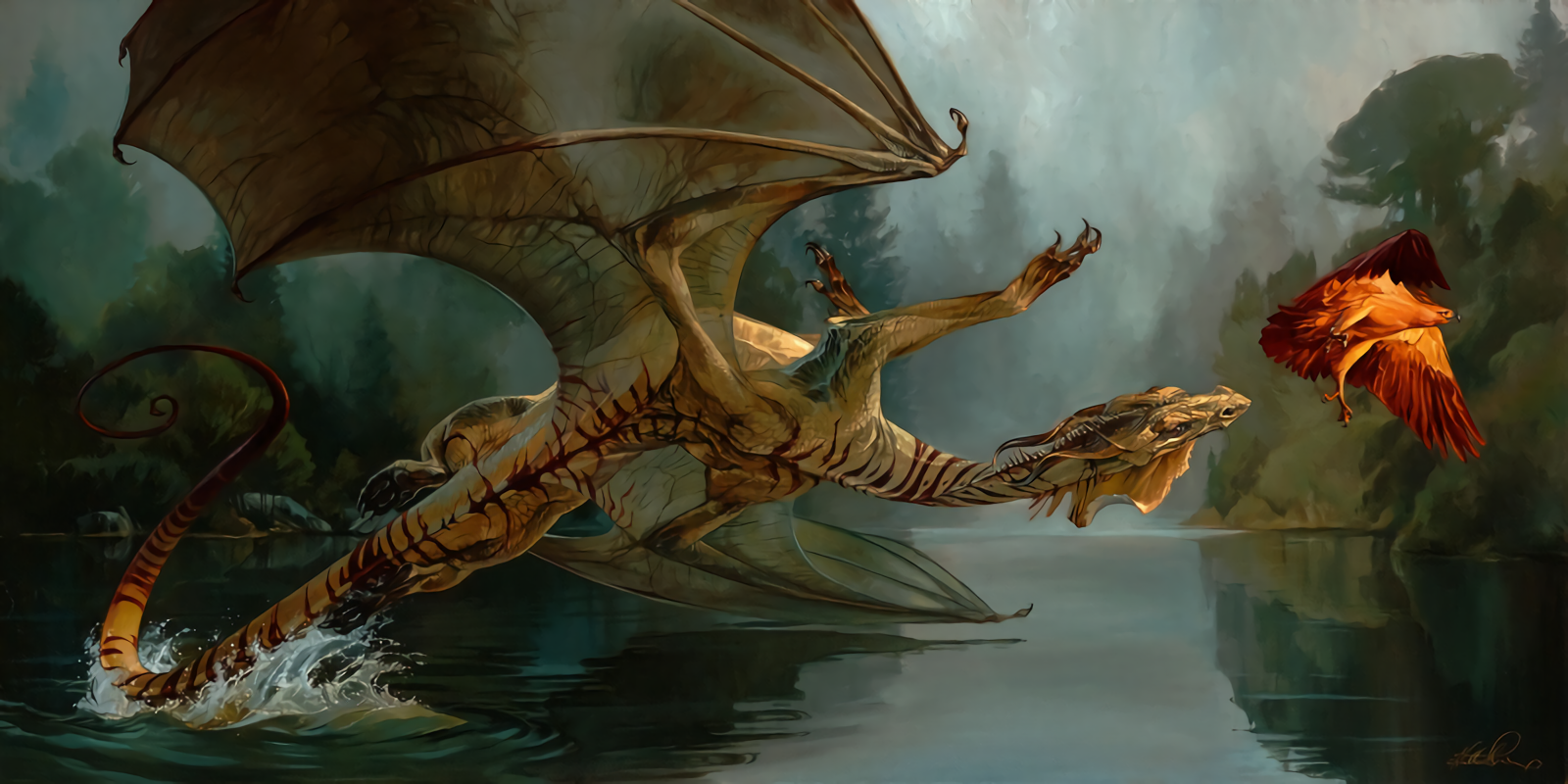 Game of Chase - Art, The Dragon, Birds, Lake, Hunting, 