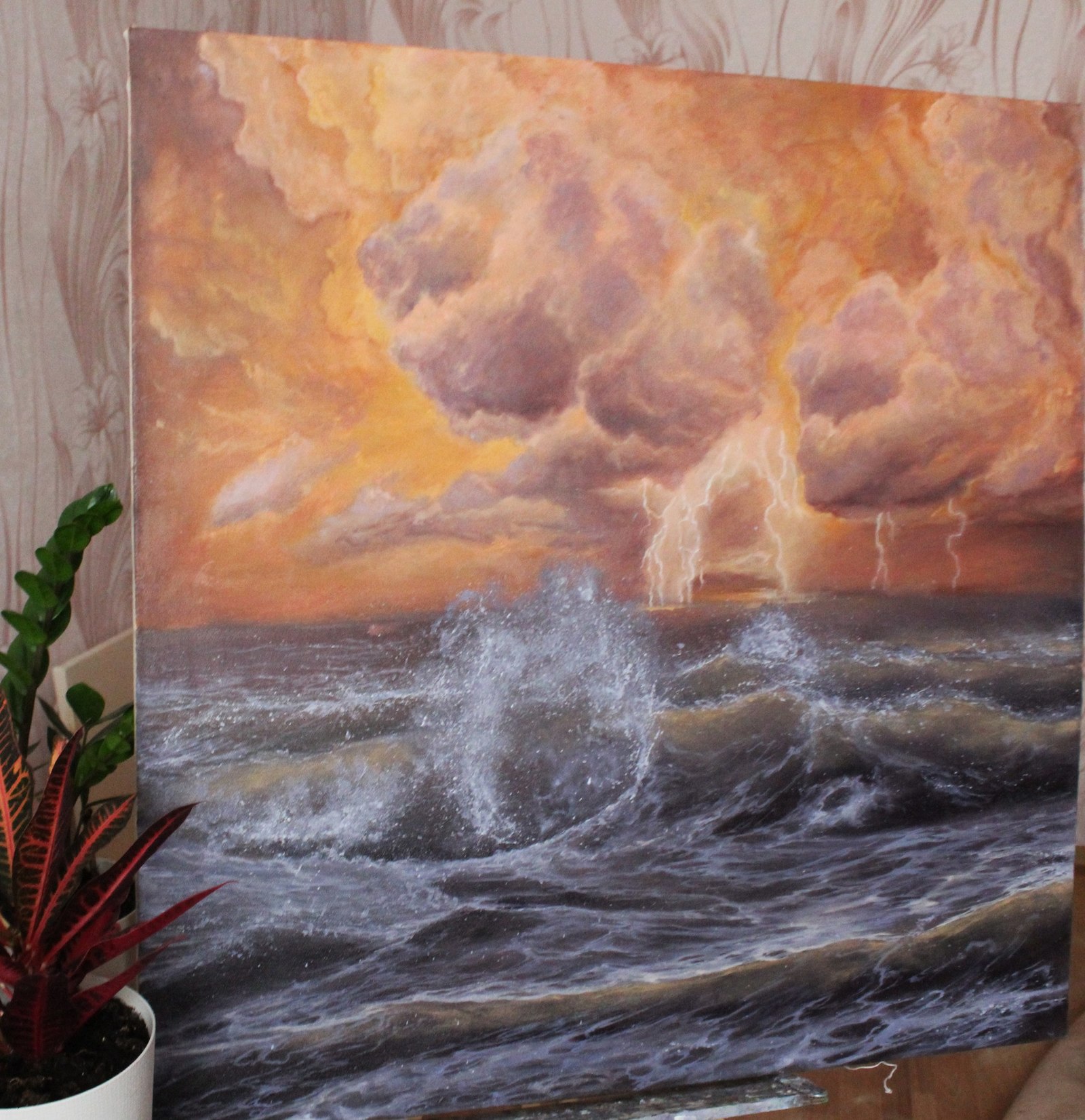 Thunderstorm - My, Butter, Sea, Storm, Wave, Creation, Painting, Thunderstorm, Lightning