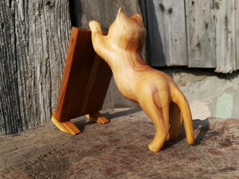 acacia cat - My, Wood carving, cat, With your own hands, Phone stand, Handmade, Longpost