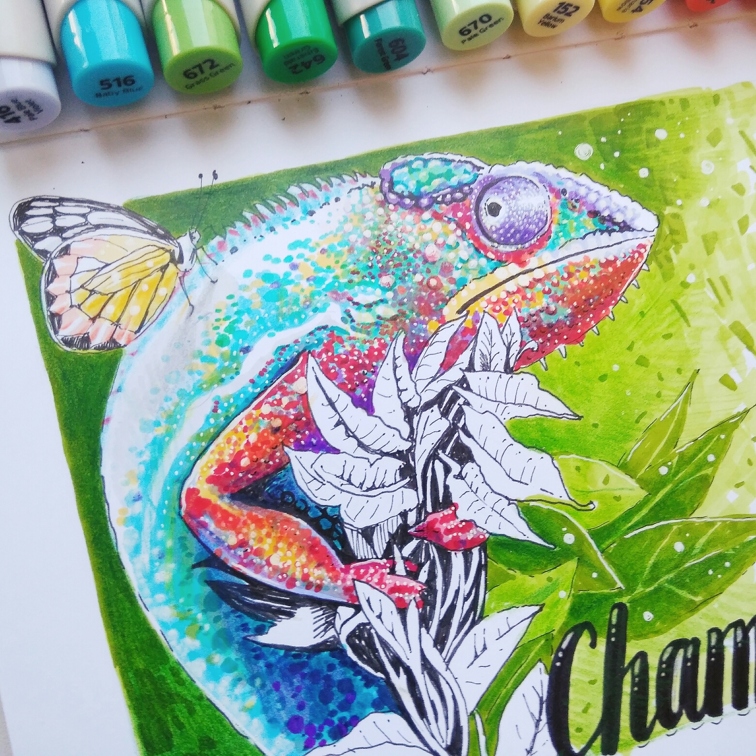 Chameleon. - My, Marker, Chameleon, Reptiles, Drawing, Sketch, Graphics, Liner, Longpost, Butterfly