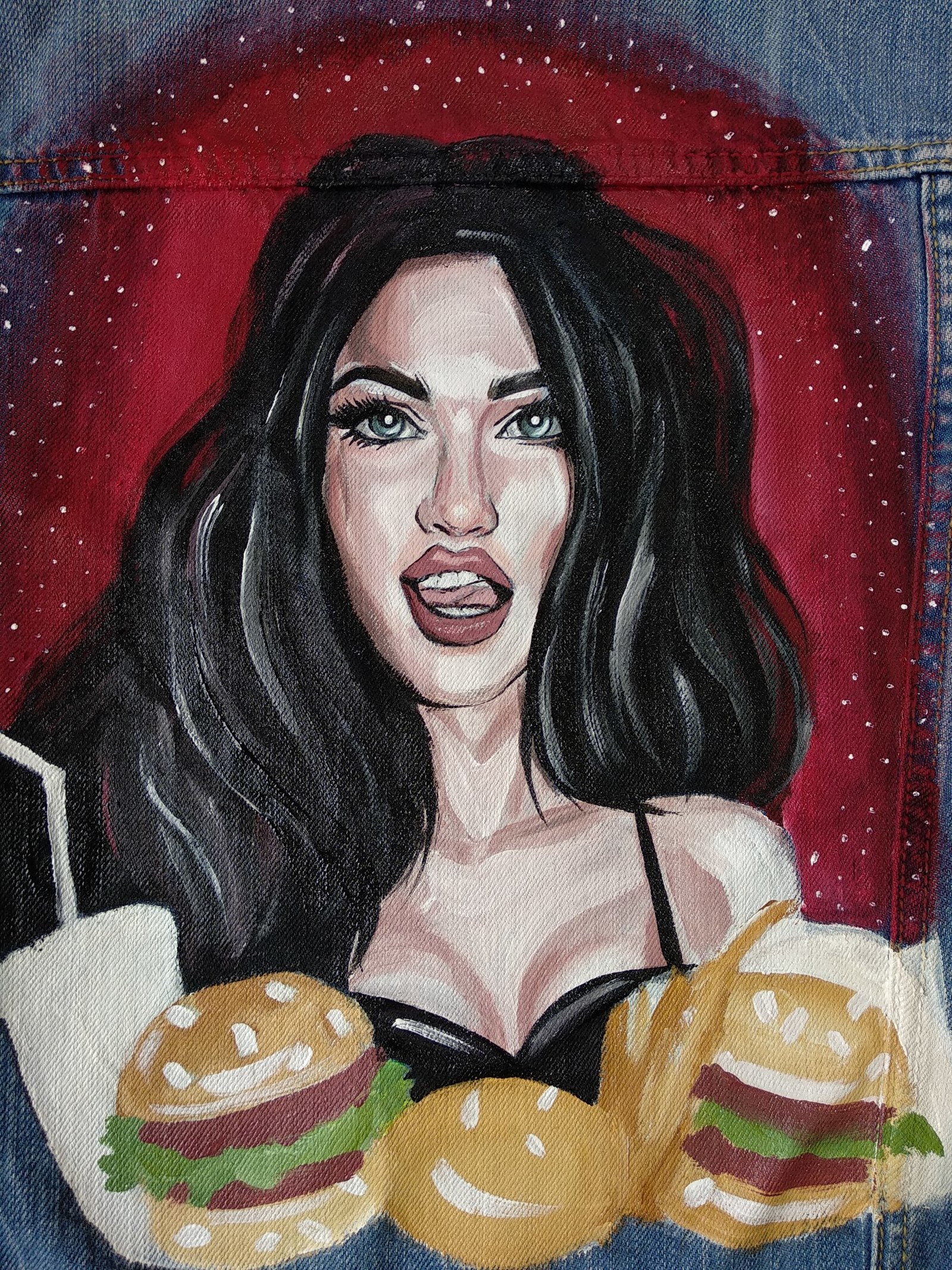 Megan Fox. Jeans painting + process - My, Painting on fabric, , Painting, Acrylic, , Krasnodar, Handmade, Longpost