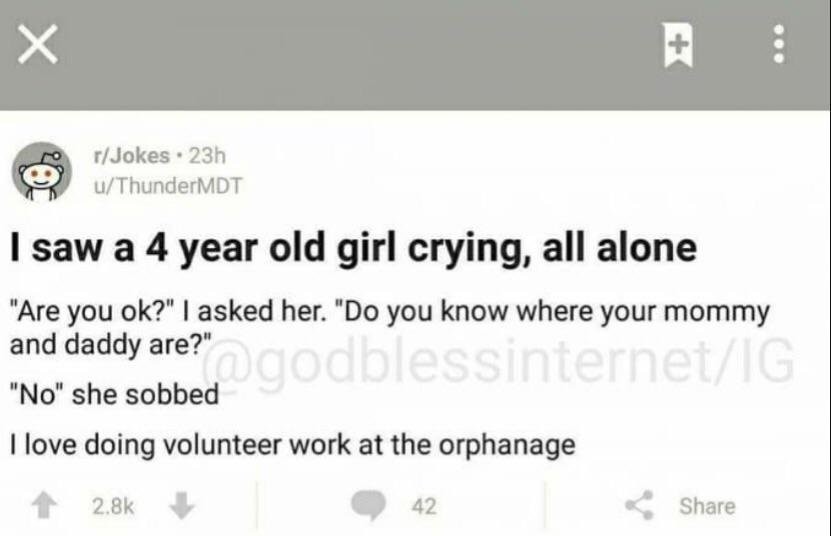 I saw a lonely crying 4 year old girl - Black humor, Children, Translation, Reddit