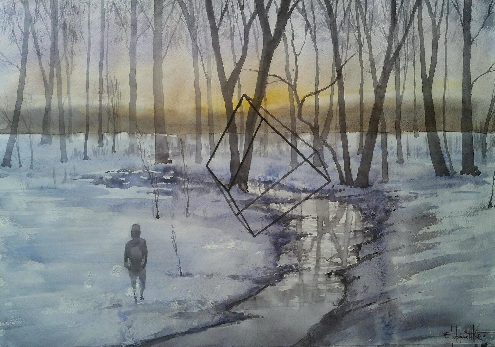 Morning in the forest (2018)Watercolor, paper 42x60 - My, Watercolor, Painting, Painting, Art, Art, Forest, Stream, Snow