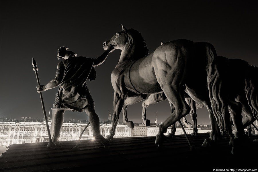 Night Guards - Saint Petersburg, Russia, The photo, Sculpture, Horses, Monument, Art