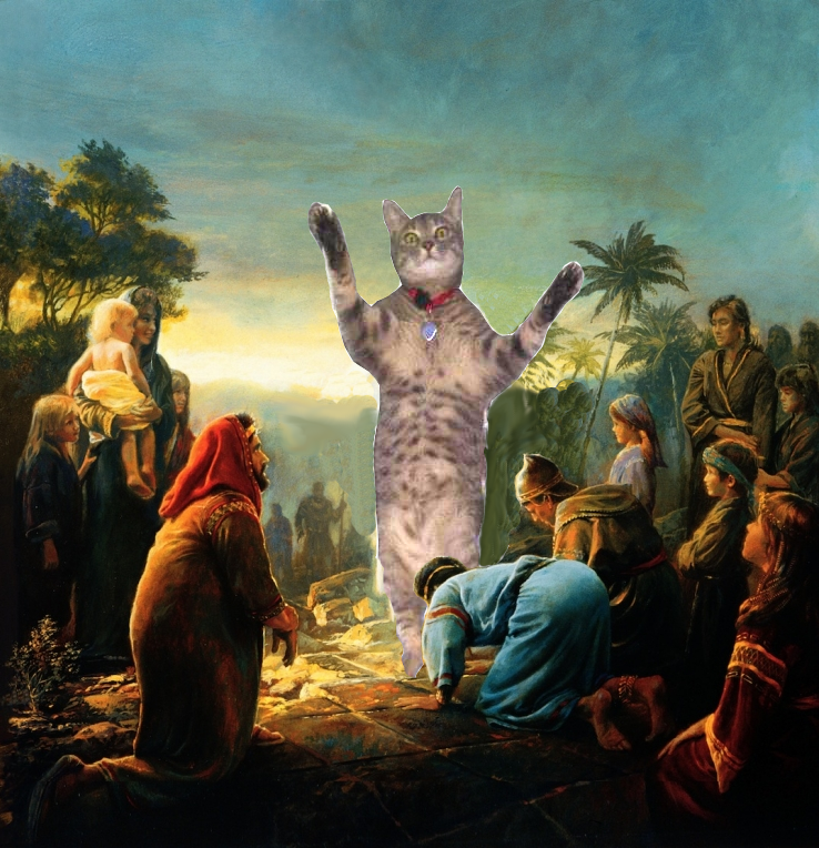 The appearance of the cat to the people - My, Humor, cat, Religion, Painting