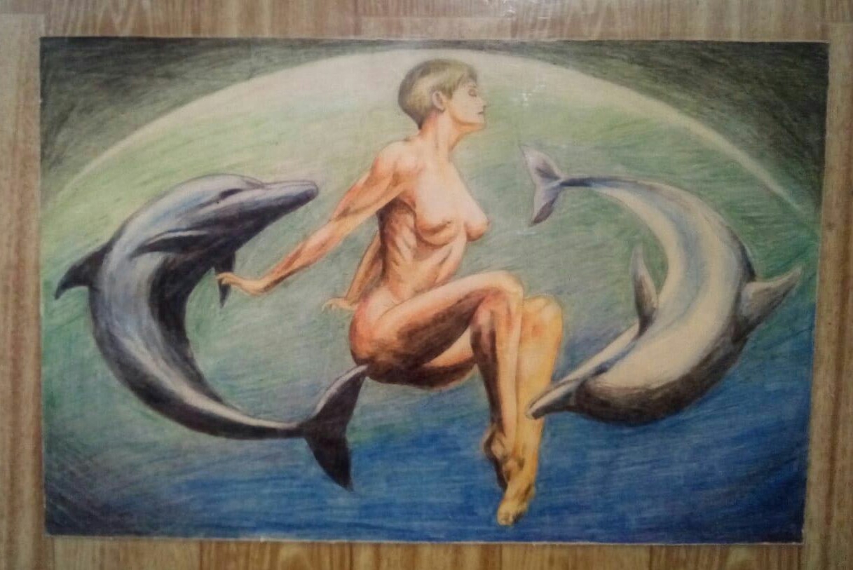 Purely symbolic :) - NSFW, My, Dolphin, Female, Nudity, Drawing, Colour pencils, Women