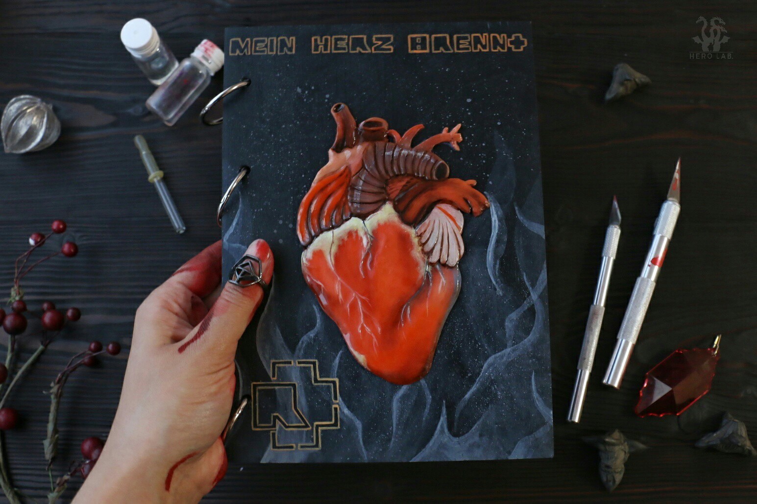 MEIN HERZ BRENNT - My, My, Needlework without process, Polymer clay, Heart, Rammstein, Notebook, Sketchbook, Longpost