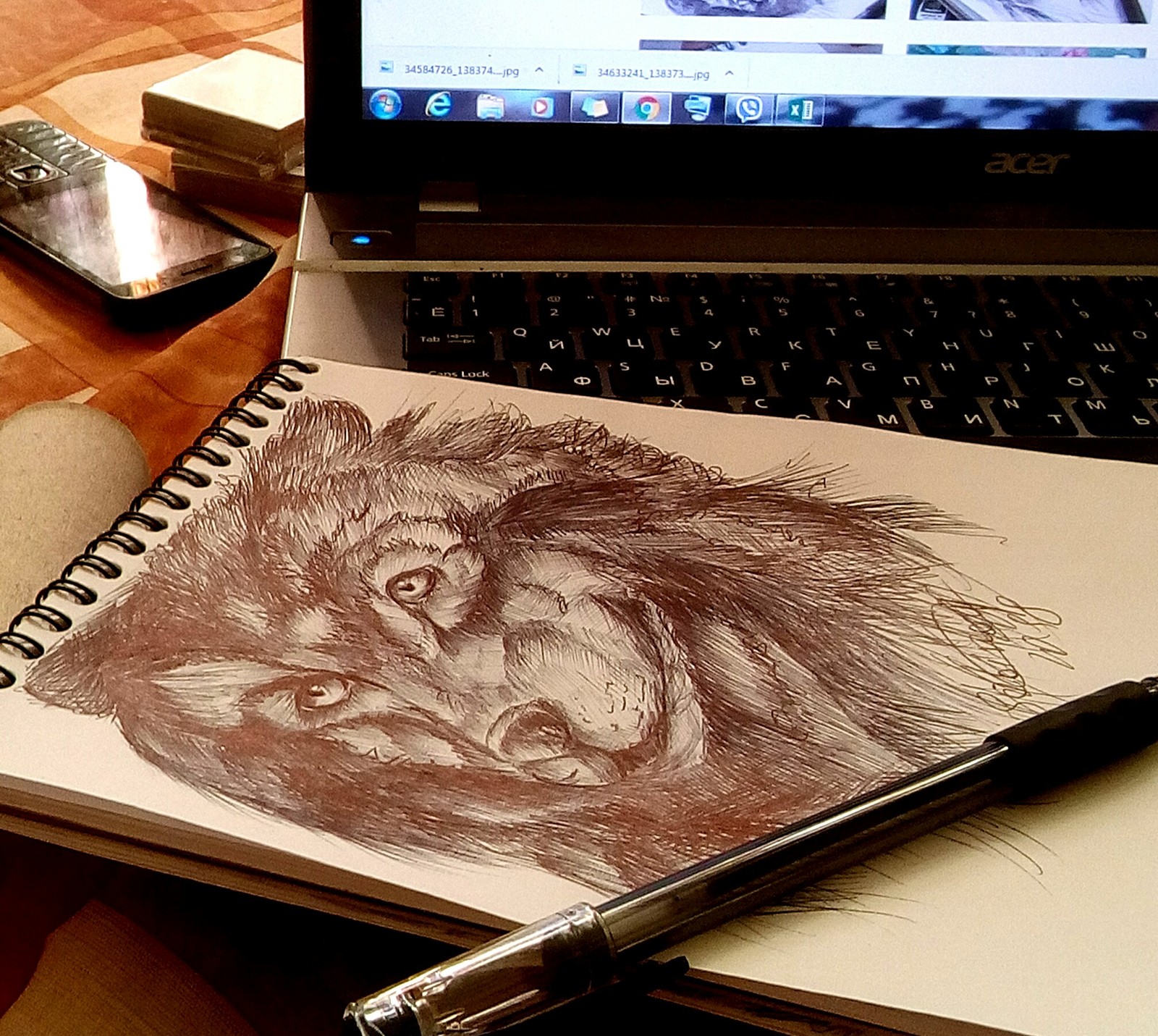 Волк нарисованный ручкой