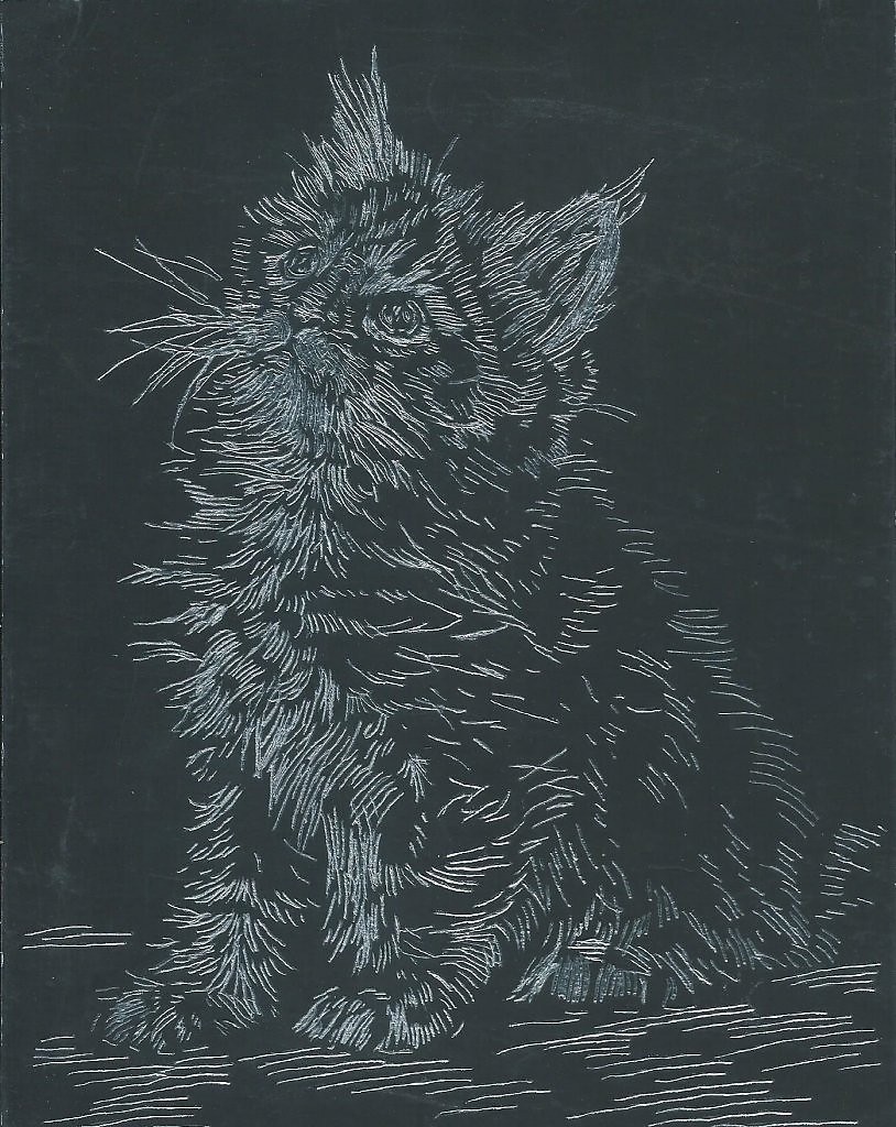 A little hobby. Scratched with a chisel. I passed it through the scanner)) - My, Engraving, Hobby, Creation, Longpost, Wolf, cat, Stichel, Enthusiasm