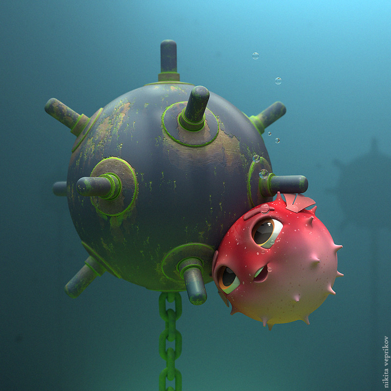 Friends - Art, 3D graphics, Sea mine, A fish, Nikita Veprikov