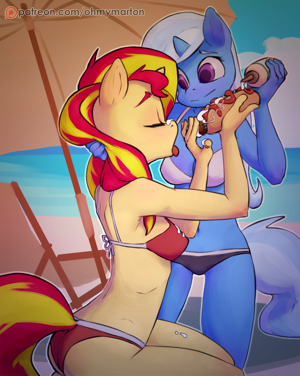 Filthy - My little pony, Sunset shimmer, Trixie, Anthro, MLP Edge, Swimsuit