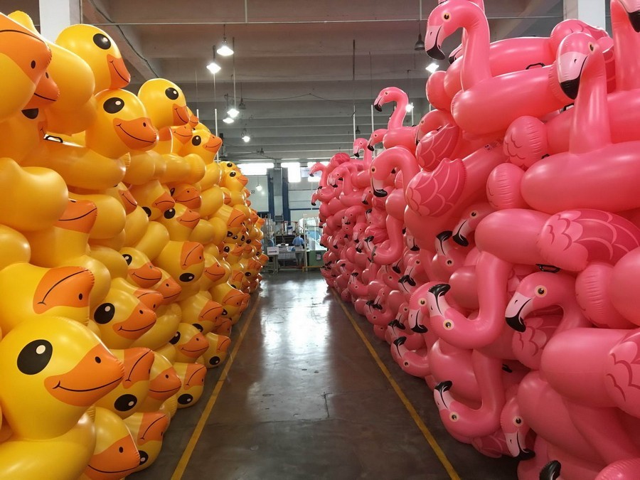 Stock of inflatable goods - Warehouse, Duck, Flamingo, The photo