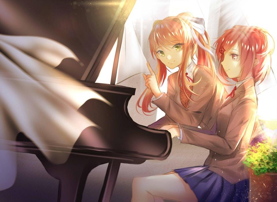 Моника учит Натсуки играть на пианино - Doki Doki Literature Club, Monika, Natsuki, Natsuki-, Не аниме, Визуальная новелла