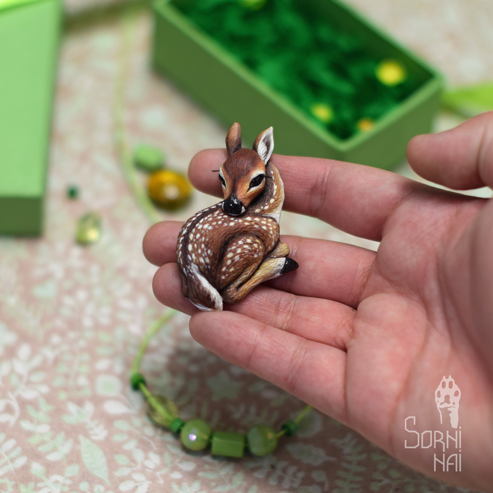 Deer, brooch, size 5.8 by 3.5 cm. Baked polymer clay, acrylic paints, matte varnish. - My, Handmade, Polymer clay, , Brooch, Handmade, Fawn, Longpost