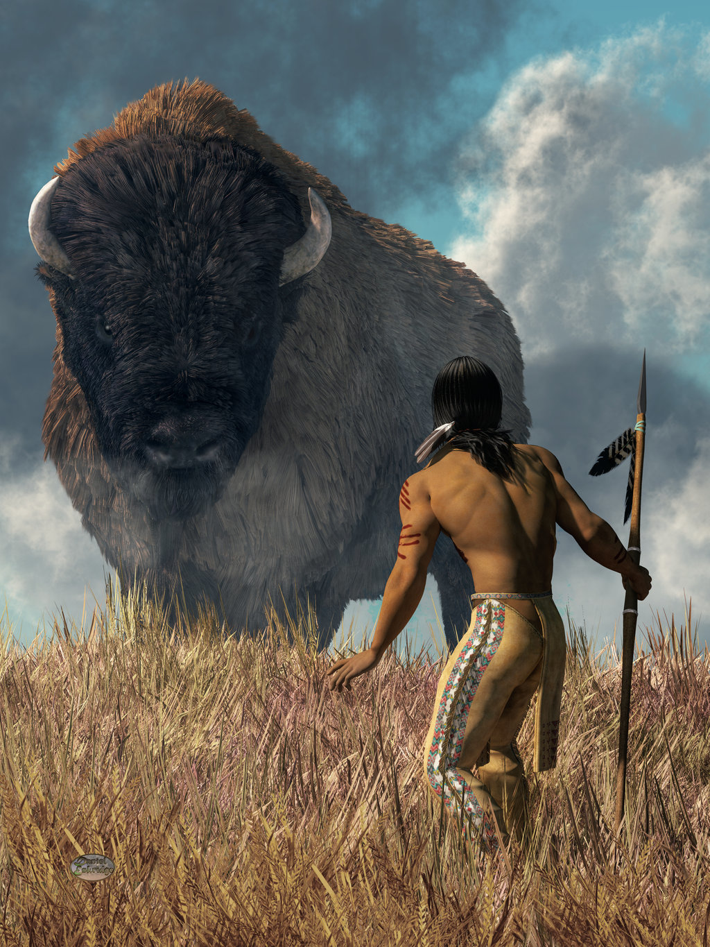 The Hunter and the Buffalo - Art, 3D, Buffalo, Indians, 