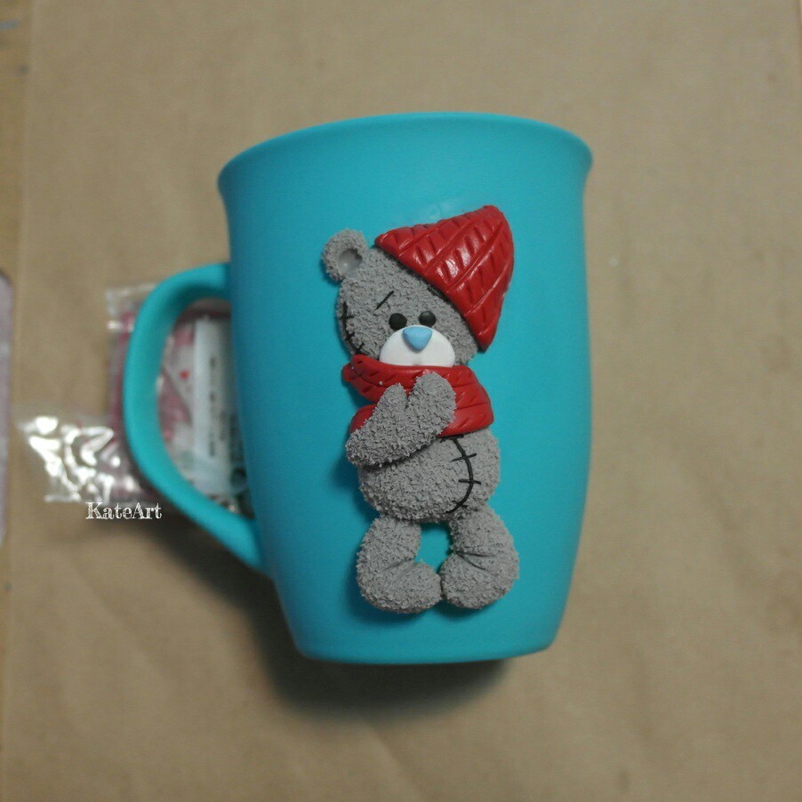 Mug decor - My, Teddy bear, Polymer clay, Needlework with process, Mug with decor, Longpost